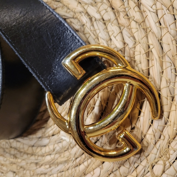 Vintage Gucci Logo Wide Black Leather Belt Gold GG Size 70 - Picture 2 of 13